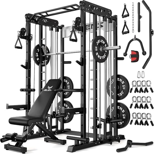 JELENS Smith Machine for Home Gym, Multi-Function M12 Power Cage with Cable Crossover System, Squat Rack with Smith Bar and More Attachment