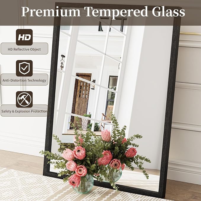 Syndra Black Wood Frame Bathroom Mirror, 30''x40'' Modern Vanity Mirror for Wall, Waterproof Slim Deep Frame, Rectangular HD Tempered Glass Mirror for Living Room, Bedroom, Entryway, Rustic, Farmhouse