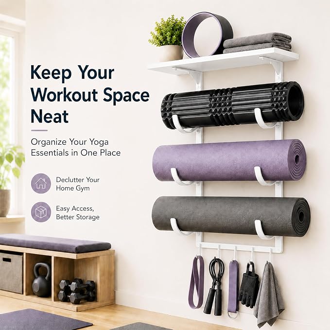 Wall Mount Yoga Mat Storage Rack, Heavy Duty Iron Organizer with 3-Tier J-Hooks, Wide Top Shelf and 5-Hook Bottom Rail for Yoga Mats, Foam Rollers, Blocks and Home Gym Accessories
