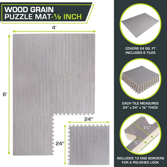 ProsourceFit Wood Grain Puzzle Mat ½-inch, 6 EVA Foam Interlocking Floor Tiles (24 SQ FT) for Secure Indoor Gym Flooring, Office Spaces, Living Rooms, and Play Areas, Slate Grey