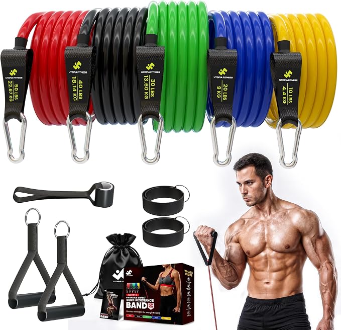 Resistance Bands with Handles Set of 5 (10–50 lbs), Home Gym Workout Kit | Includes door anchor Includes ankle straps 10-50 lbs resistance Carry bag included