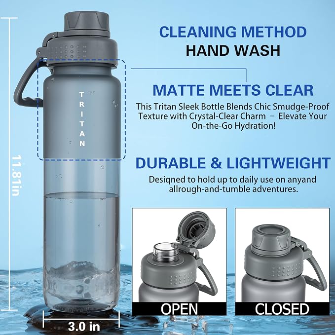 OLDLEY 32 oz Water Bottle with Handle, BPA-Free Tritan Reusable Sports Water Bottle with Leak-Proof Dust Lid, Wide Mouth, Cup Holder Friendly, Half Frosted Clear Bottle for Gym, Travel, Work,Gray