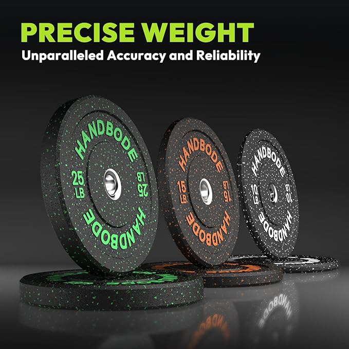 HANDBODE 2-Inch High-Bounce Bumper Plates, Olympic Weight Set, 10-650 lb | Barbell Weight Plates Set for Home Gym, Colored Weights Rubber Strength Training Plate for Weight Lifting