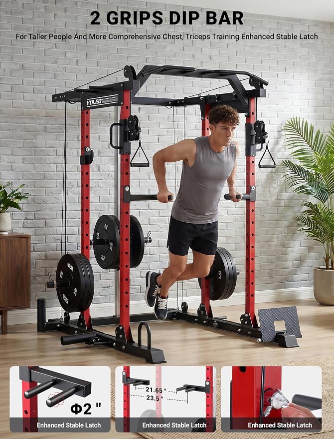YOLEO Smooth Pulley System Power Cage, Adjustable Cable Crossover Power Rack, Multi-Functional Cable Machine for Home Gym