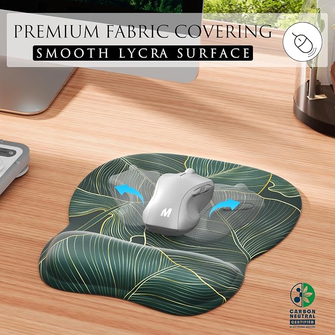 MROCO Ergonomic Mouse Pad with Gel Wrist Rest, 9.4 x 8.1 in, Green Leaves | Ergonomic Shape Design, Multiple Pattern Options, Gel Wrist Comfort, Smooth Lycra Surface, Non-Slip PU Base