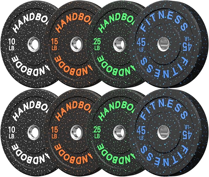 HANDBODE 2-Inch High-Bounce Bumper Plates, Olympic Weight Set, 10-650 lb | Barbell Weight Plates Set for Home Gym, Colored Weights Rubber Strength Training Plate for Weight Lifting