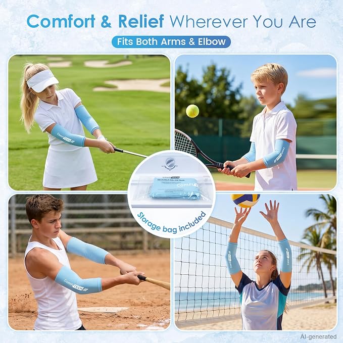 ComfiTECH Youth Elbow Ice Pack Wrap, Tennis Cold Sleeve, Medium, 2 Packs | Custom fit for teen elbows delivers 360° cold relief, with 2 sleeves enabling alternate freezing for lasting soothing