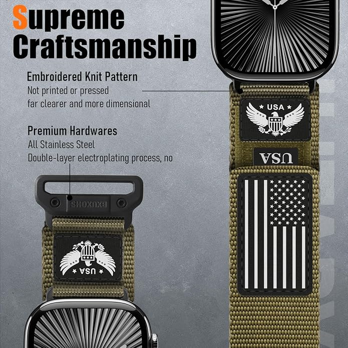 Rugged Nylon- Compatible with Apple Watch Ultra 3/ Ultra 2 Band 49mm Men,Tactical Soft Woven Stars- Stripes Flag Sport Strap for iWatch Bands 46mm 45mm 44mm 42mm Series 11 10 9 8 7 6 5 4 3 2 1 Se