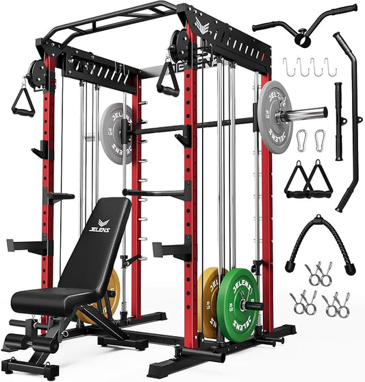 JELENS M21 Smith Machine, Multi-Function Power Cage with Dual Pulley Cable Crossover System, 2000LBS All-in-One Squat Rack with Smith Bar and Attachments for Home Gym
