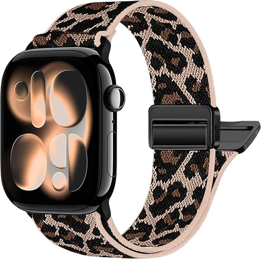 Leopard Braided Magnetic Nylon Watch Bands Compatible with Apple Watch Bands 40mm 41mm 42mm 44mm 45mm 46mm 49mm 38mm Women Men, Elastic Sport Strap for iWatch Series 11 10 9 8 7 6 5 4 SE Ultra 3 2 1
