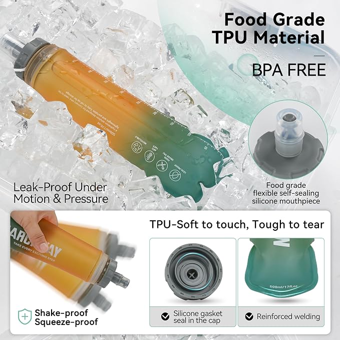 MARCHWAY Soft Hydration Flask with Wide Mouth, 300ml/500ml Collapsible TPU Water Bottle, Leakproof Portable Flexible for Running, Hiking, Cycling, Climbing, Gym, Travel (2pcs Orange-Green 300ml)