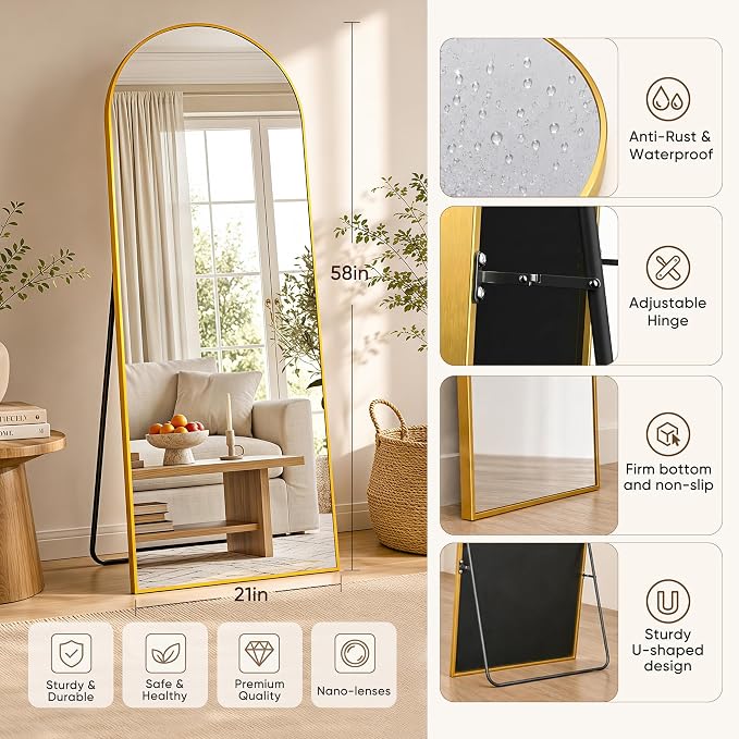 Full Length Mirror, 58"x21" Arched Floor Mirror Freestanding, Floor Standing Full Body Mirror with Stand for Bedroom, Hanging Mounted for Living Room Cloakroom, Gold