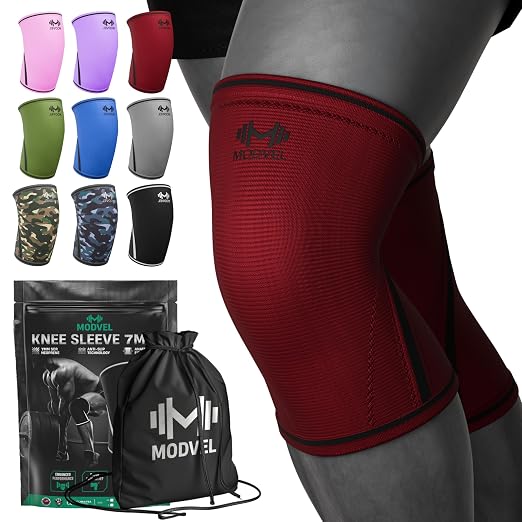 Modvel 7mm Neoprene Knee Sleeves for Men & Women Weightlifting & Powerlifting – Compression Knee Sleeve Support for Squats, Gym, Training – USPA, IPL Approved – Large Red (Pair)