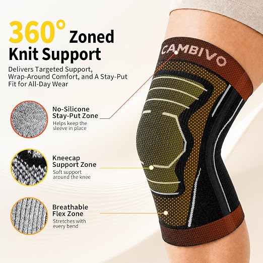 CAMBIVO 2 Pack Knee Brace for Women & Men, Compression Sleeves Knee Support | Lightweight Side Stabilizers| Latex free & silicone free | Knee pain relief for meniscus | Non-slip for running, hiking, gym