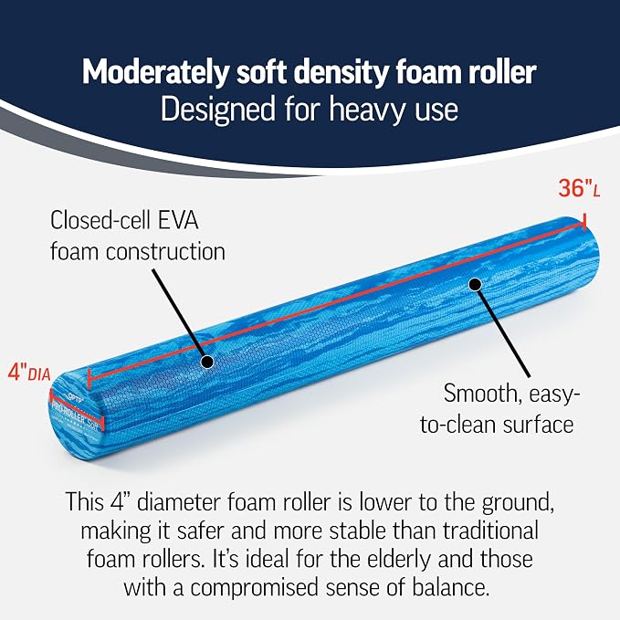 OPTP PRO-Roller Soft Density Foam Roller – Round, Blue, 36" x 4" | Low density soft foam roller for physical therapy, Pilates, yoga foam roll exercises, and muscle recovery, blue 36" x 4"