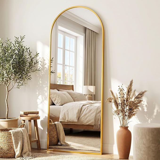 Full Length Mirror, 57"x19" Arched Floor Mirror Freestanding, Floor Standing Full Body Mirror with Stand for Bedroom, Hanging Mounted for Living Room Cloakroom, Gold