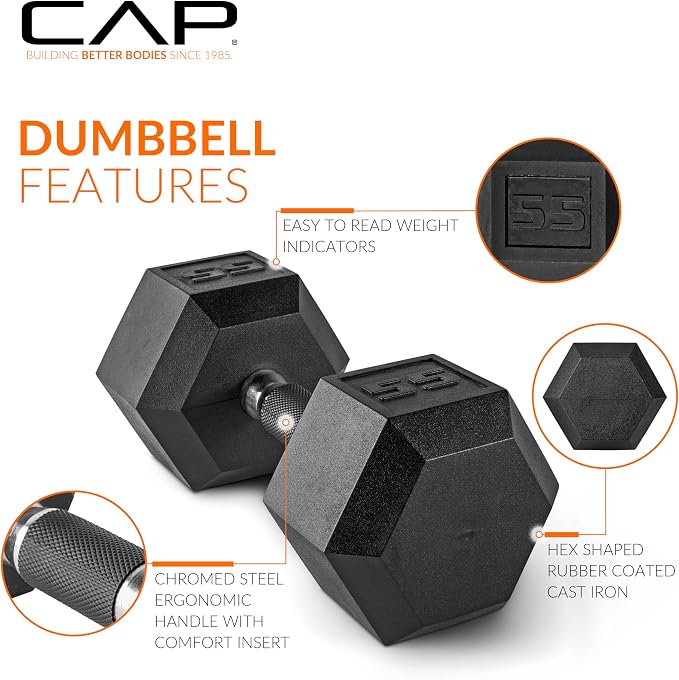 CAP Rubber Coated Dumbbell Weights, Free Weights for Home Gym Strength Training, Anti-Roll Hex Dumbbells with Black, Chrome & Comfort Grip Handles, Singles