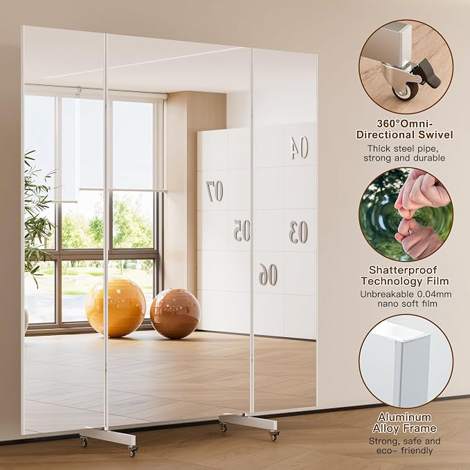 brisafe 67"x55" Folding Mirror with Wheels, 3-Panel Full Length Standing Mirror, Space-Saving, Shatterproof Nano Material, Portable Floor Mirror for Gym, Dance Studio, Home, Commercial Use, Silver