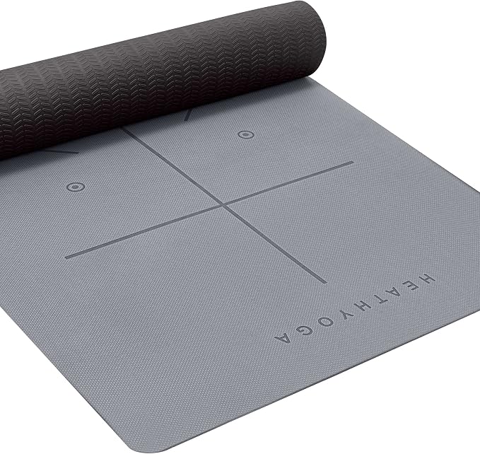 Heathyoga Yoga Mat Non Slip TPE Pilates Exercise Mats for Home Workout Gym Fitness Eco Friendly Thick Hot Yoga Mat with Strap Body Alignment,72"x 26" Thickness 1/4"
