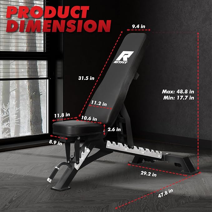 RITFIT Adjustable Weight Bench, Incline Decline Flat, 1300LB Capacity | Full Body Workout Bench for Home Gym Strength Training, 10 Backrest Positions, 3 Seat Angles, Heavy Duty Steel Frame