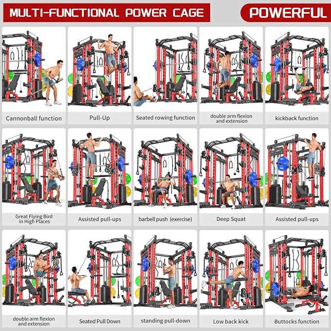 XGSW Smith Machine with Weight Stack, Multi-Function Squat Rack Power Cage with Cable Crossover System, for Home Gym