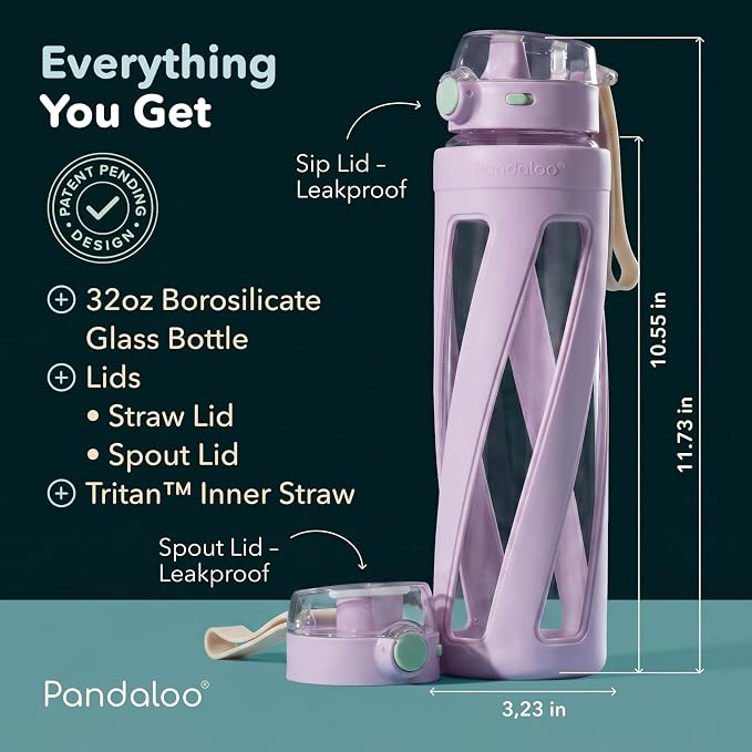 Pandaloo® Orbit 32 oz Glass Water Bottle with 2 Leak-Proof Lids (Straw & Spout), Wide Mouth, Borosilicate Glass, BPA-Free, Cup Holder Friendly for Gym, Work, Travel & Daily Hydration- Lilac Rhapsody