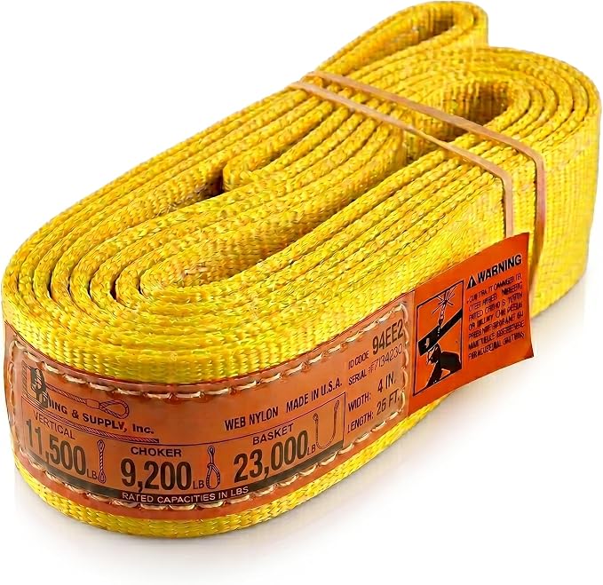 DD Sling 4 Inch x 25 Foot Nylon Lifting Sling – USA Made, 11,500 lb Vertical, 9,200 lb Choker, 23,000 lb Basket – 2-Ply Heavy Duty 900 Webbing, Type 3 Flat Eye & Eye Rigging Sling