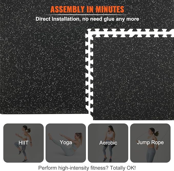 VEVOR 0.56Inch 48sq.ft 12 Tiles Gym Flooring for Home Gym, Rubber Top with High Density EVA Foam, 25 x 25In Gym Floor Exercise Equipment Mats, Interlocking Gym Mats, Puzzle Workout Mats, Black & Gray | Rubber Top with High Density EVA Foam, 25 x 25 in ...