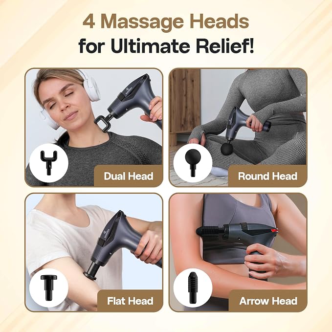 Extended Reach Massage Gun for Back Relief – Deep Tissue Percussion Massager with Handle & Massage Belt for Hard-to-Reach Areas, 12 Speeds & 4 Heads