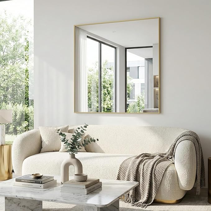36" x 36" Large Gold Wall Mirror, Oversized Square Accent Mirror, Luxury Metal Framed Decor for Living Room & Bathroom Vanity