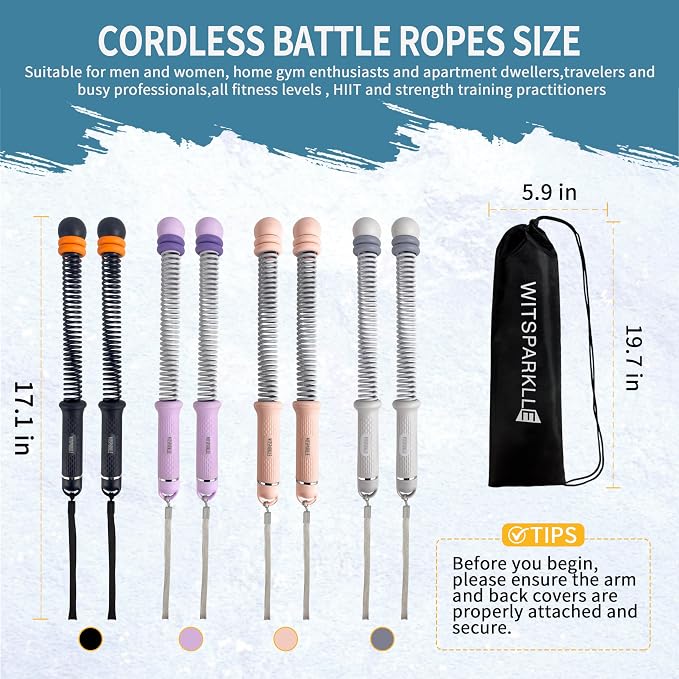 Portable Adjustable Ropeless Battle Ropes with Gray | Weighted Cordless Workout Rope with Anti-slip Handles for Low-impact Cardio, HIIT, Home Gym and Office Fitness