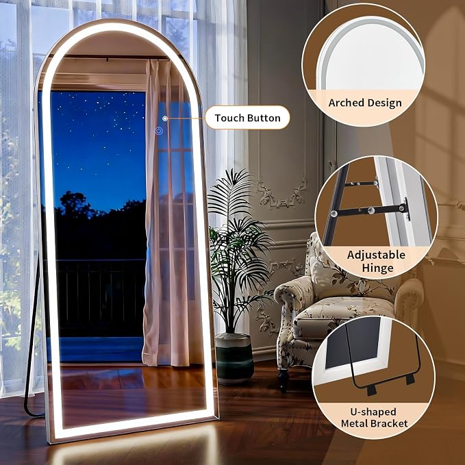 26 x 68 in Arched Led Mirror Full Length with 3 Color Lighting | ZENOMIRRIS Full Body Mirror with Adjustable Dimming Lights Brightness Memory Function for Night Make-up Bedroom Dressing Room