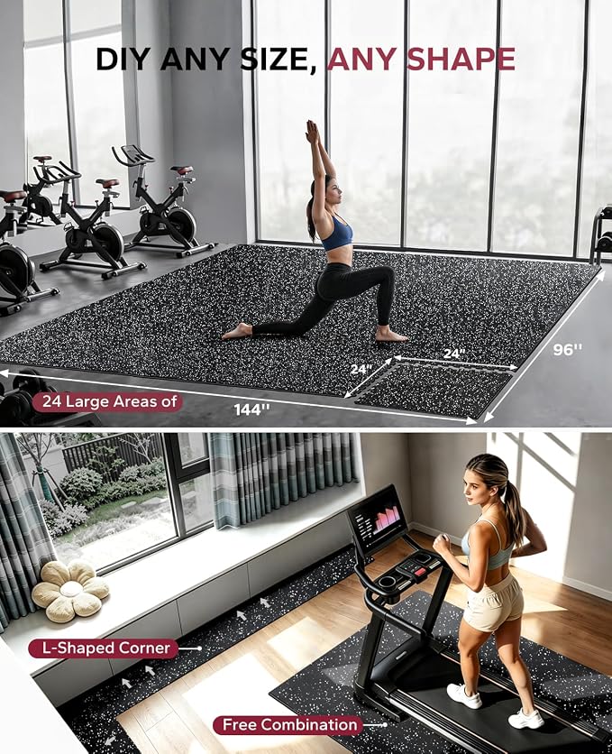 HAPBEAR 0.56'' Thick 12 Pcs 48 Sq Ft Exercise Equipment Mats - High-Density Rubber Top EVA Foam Interlocking Mats, 24x24in Tiles, Heavy-Duty Treadmill Mat for Hardwood Floors, Home Gym Mat