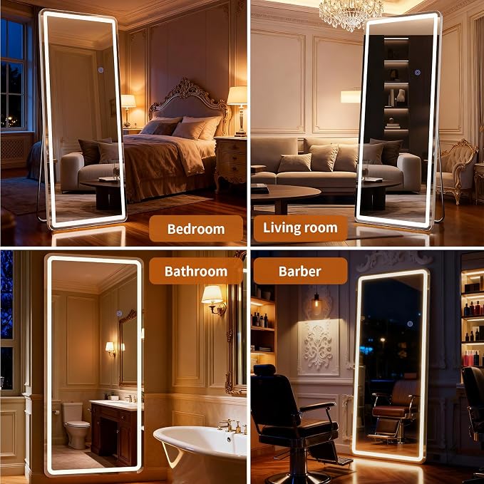 LED Floor Mirrors with Dimming &3 Color Lighting 20 x 63 Inch | LED Mirrors Full Length with Stand for Bedroom Dressing Room Checkroom Make-up Even Light OOTD Party Wedding Rect