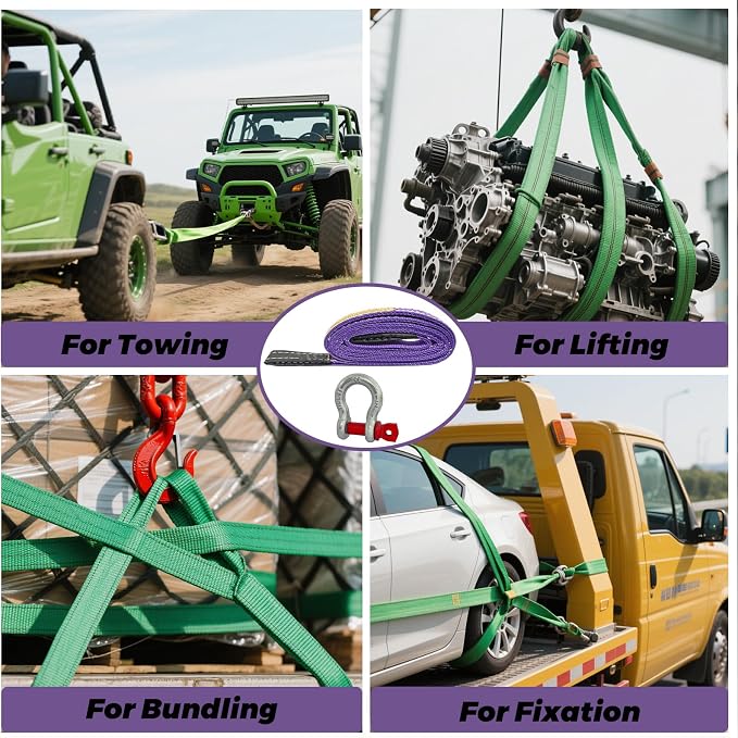 HENBOW Web Sling with D Ring Shackle,8FT× 1In Heavy Duty Flat Lift Sling 2200 lbs Safety Load，Lift Sling Straps for Hoist Car Tree Saver Winch Recovery