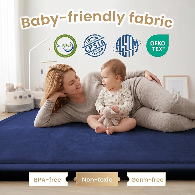 ACOMOPACK Baby Play Mat for Floor 1.3" Thick Memory Foam Play Mat 71"×79" Tummy Time Crawling with Non-slip Bottom for Living Room,Nursery,Soft Velvet Playpen Mats for Kids,Infants（Royal Blue）