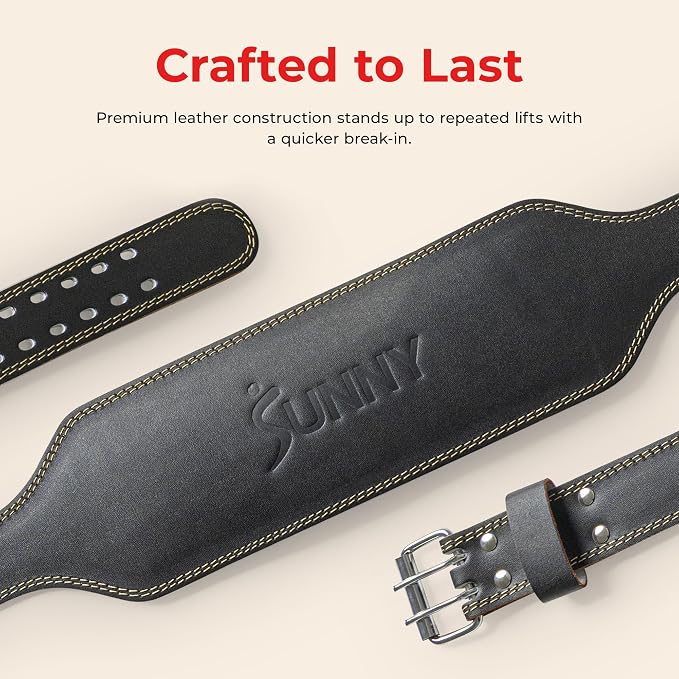 Sunny Health & Fitness S-XXL Leather Weightlifting Belt w/ 6" Back Support