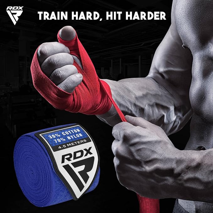 RDX Boxing Hand Wraps 4.5M / 180 Inches – Mexican Style Semi-Elastic MMA Inner Gloves - Wrist Support for Muay Thai, Kickboxing, BJJ, Karate - Thumb Loop & Hook and Loop Closure - Cotton & Nylon Blend