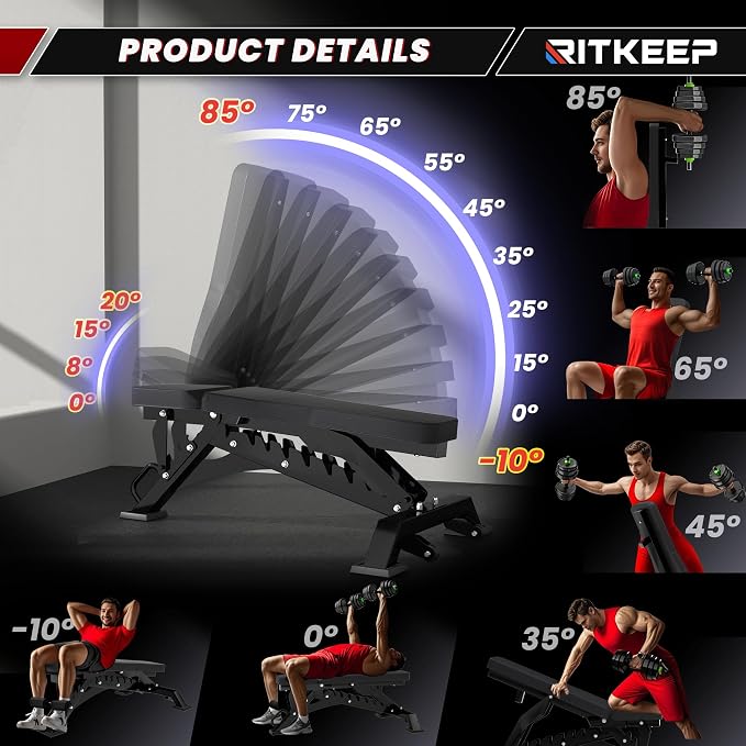 RitKeep Adjustable Weight Bench, 1300LB Capacity for Garage & Home Gym | Weightlifting Workout Bench with 40 Adjustment Positions for Incline, Decline, Bench Press and Full-Body Training -RAB-3000