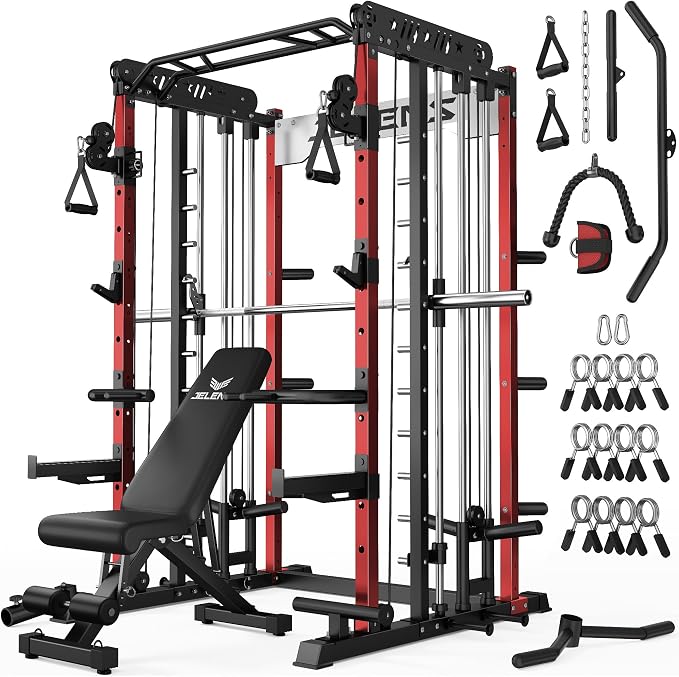 JELENS Smith Machine for Home Gym, Multi-Function M12 Power Cage with Cable Crossover System, Squat Rack with Smith Bar and More Attachment