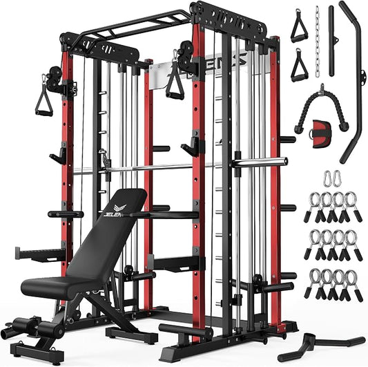 JELENS Smith Machine for Home Gym, Multi-Function M12 Power Cage with Cable Crossover System, Squat Rack with Smith Bar and More Attachment