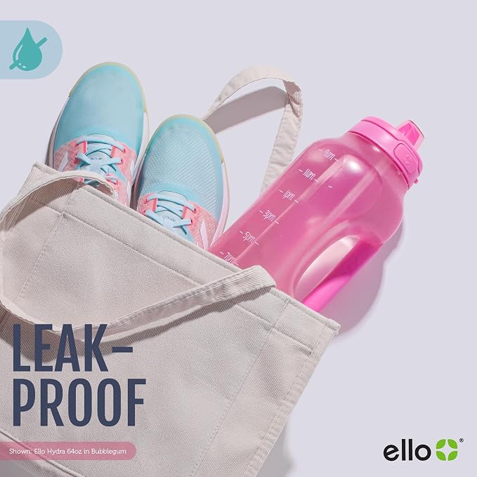 Ello Hydra 64oz BPA-Free Plastic Water Jug with Time Markers, Grey | Large plastic water bottle jug for all day hydration with time markers, carry loop, straw, leakproof lid, and BPA-free