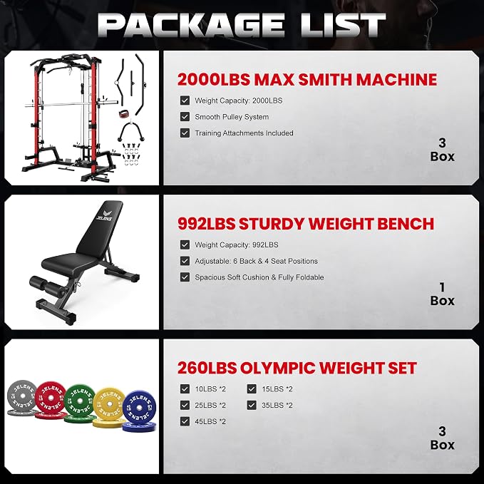 SR01 Smith Machine, 2000LBS Multi-Function Power Cage with LAT Pulldown System, All-in-One Home Gym Squat Rack with Smith Bar and Training Attachments for Full Body Workouts