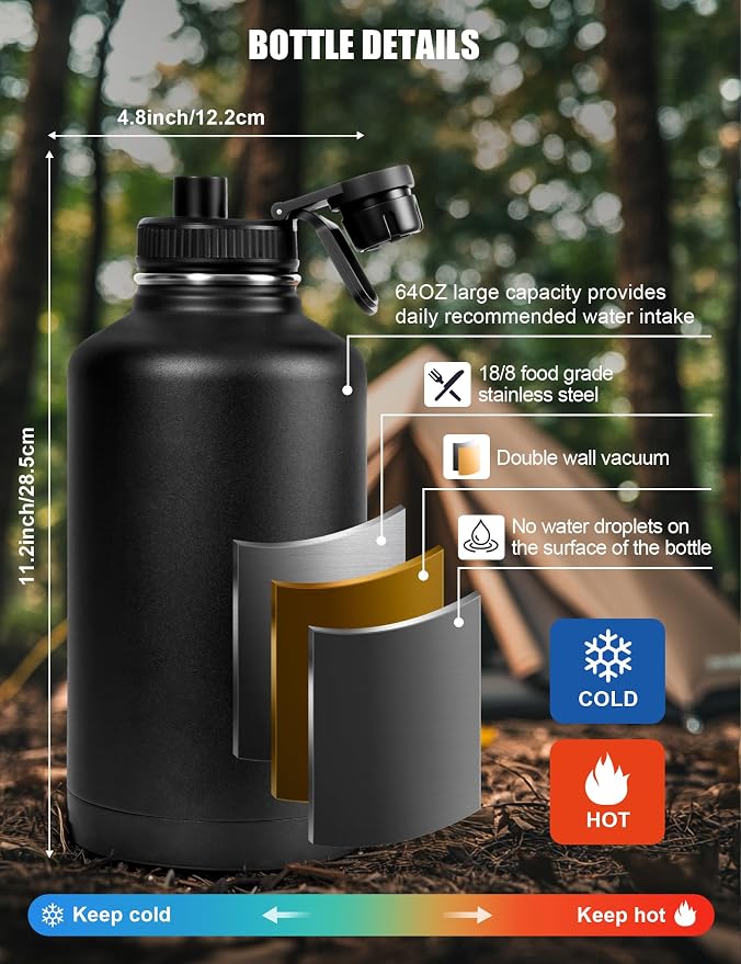 Tactical Half Gallon Water Bottle with Straw, 64 Oz Insulated Water Jug with Molle Water Bottle Holder, Stainless Steel Sport Bottle with 3 BPA Free Lids for Gym Workout Hiking (64oz-Gray)