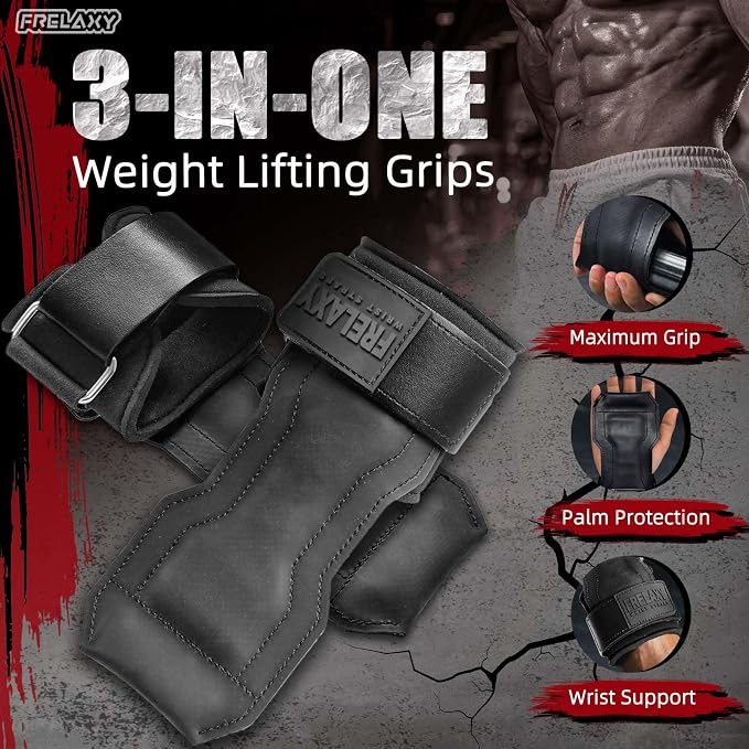 Frelaxy Lifting Wrist Straps, Rubber Weight Lifting Grips for Deadlifts | Non-slip rubber palm, Full palm protection, Neoprene wrist padding, Enhanced grip support, Pull ups rows lat pulldowns