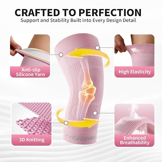 CAMBIVO Knee Brace for Women and Men (2 Pack), Ultra-Thin Lightweight Knee Compression Sleeve (Light Pink, Large)