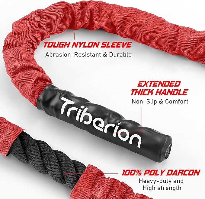 Battle Rope for Home Gym Workout - 1.5 Inch 30ft Heavy Weighted Training Exercise Ropes Fitness Equipment with Sleeve and Anchor Strap Kit for Outdoor Working Out - Red