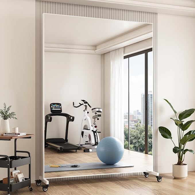 Suidia 82"x44" Extra Large Full Length Mirror on Wheels, 360° Swivel Rolling Mirror Floor, HD Tempered Glass Full Body Standing Mirrors for Home Gym, Yoga, Dance Studio, Bedroom, Rectangular, White
