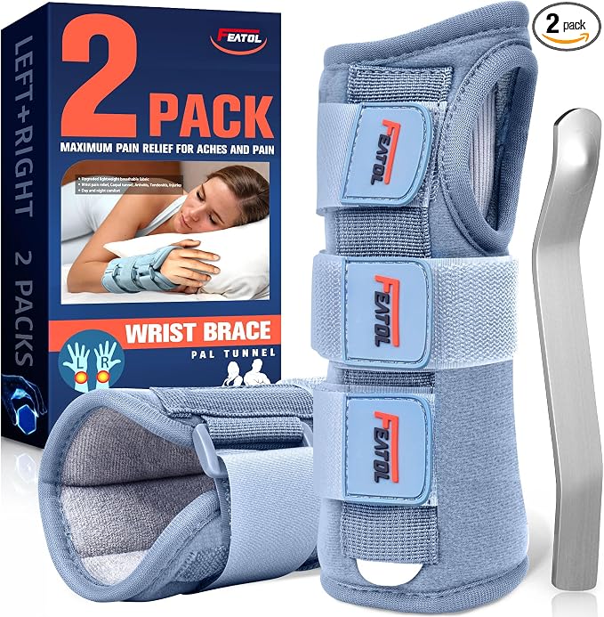 FEATOL 2 Pack Wrist Brace for Carpal Tunnel Relief, Adjustable Wrist Support Brace with Metal Splints Both Hands, Small/Medium, for Arthritis, Tendonitis, Sprain, Injuries, Wrist Pain, Right and Left, Grey