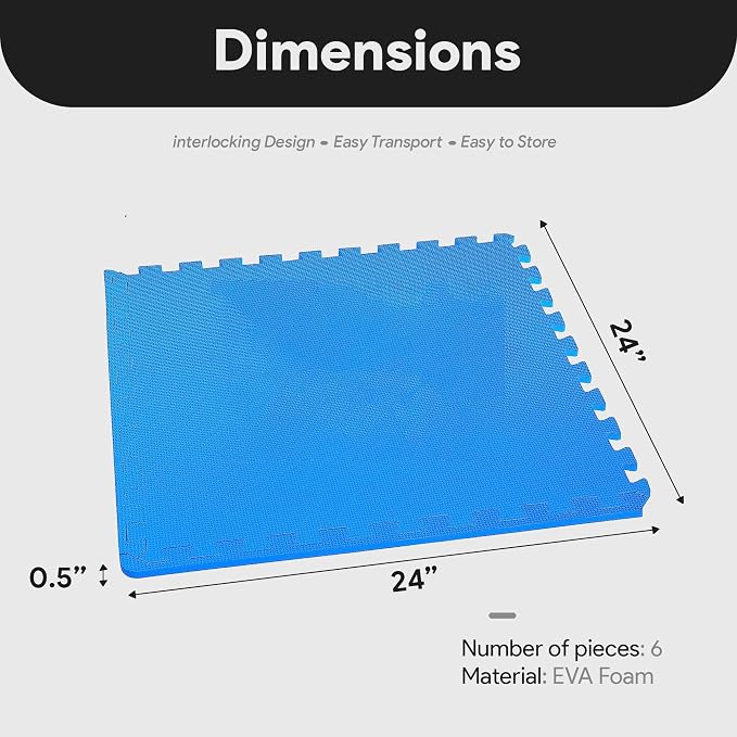 BalanceFrom Puzzle Exercise Mat 1/2" Thick, EVA Interlocking Foam Floor Tiles for Home Gym, Mat for Home Workout Equipment, Floor Padding for Kids, Blue, 24 in x 24 in x 1/2 in, 24 Sq Ft - 6 Tiles | Tiles for Home Gym, Mat for Home Workout Equipment, F...